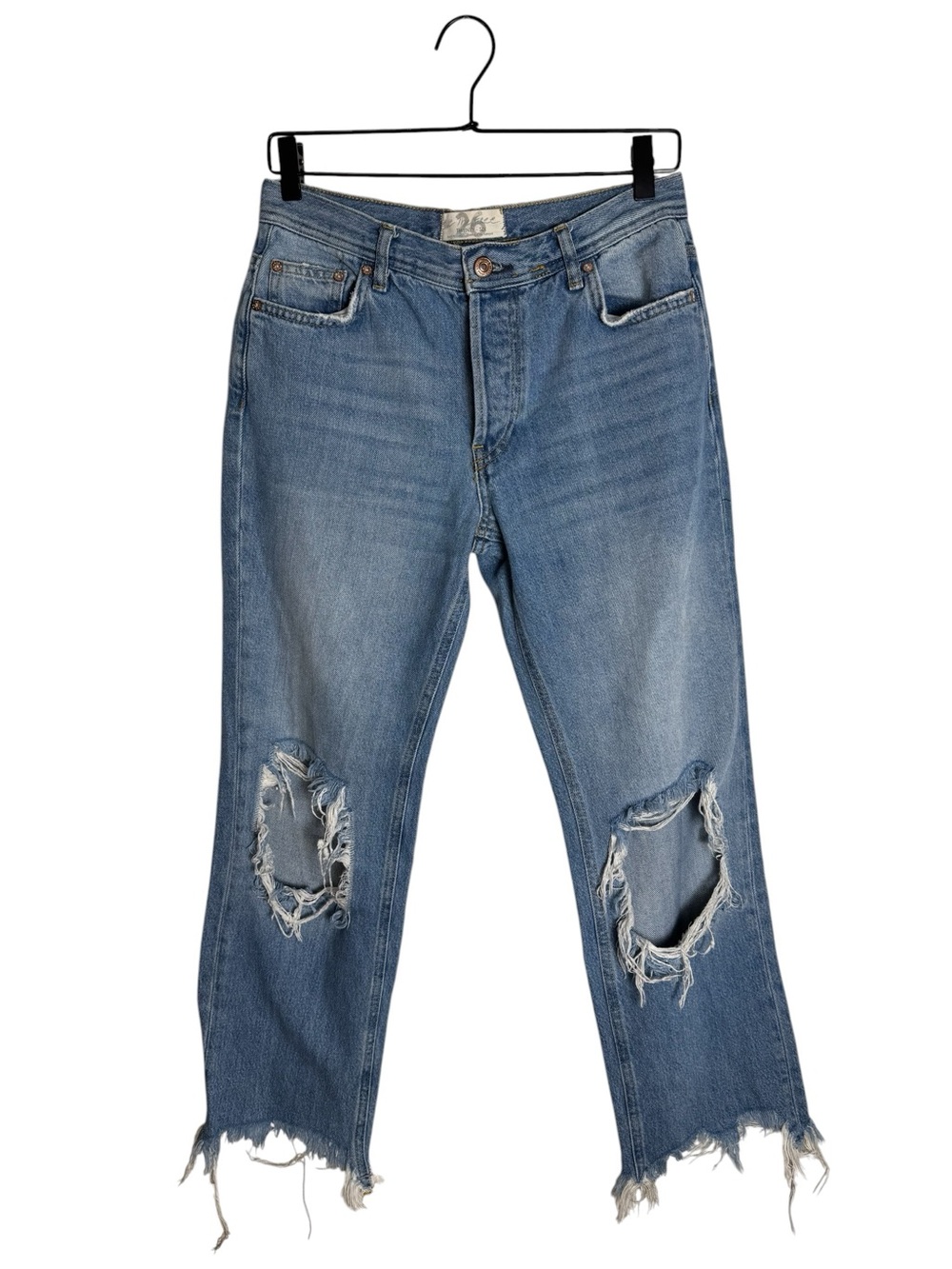 Free People Tapered Baggy Distressed Raw Hem Jeans Light Wash Low Mid Rise 26